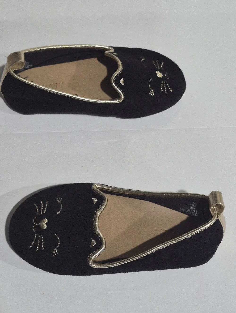 Old Navy Black & Gold Cat Baby Girl Faux Suede Critter Ballet Flats Size 6/13.5
